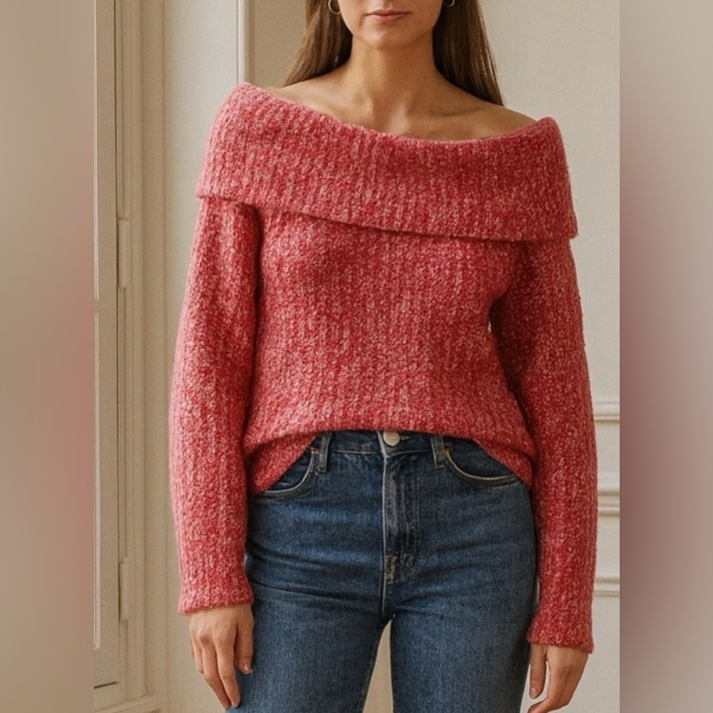 MADEWELL New! Off Shoulder Cowl Neck Wool Sweater Pale Blush Combo Size Small